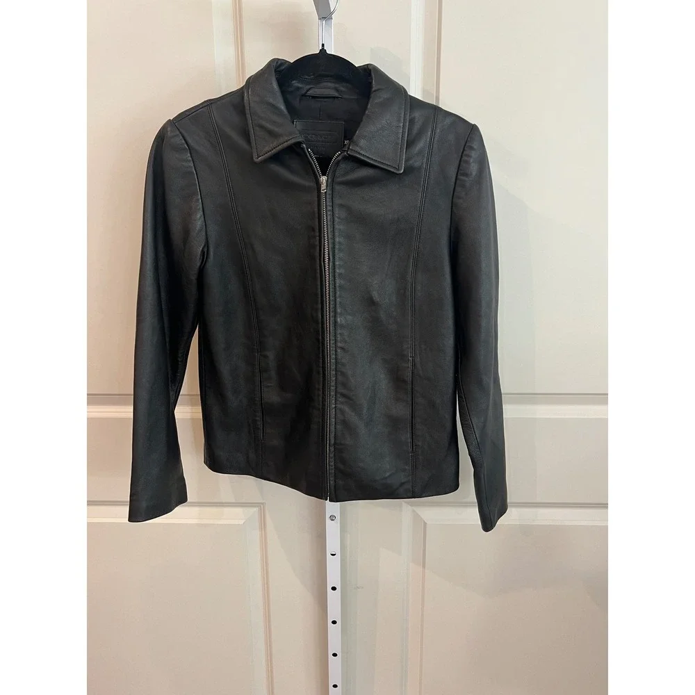 Vintage Coach 100% Leather Jacket Women's XS Black Zip Front Minimalist 90s Y2K
